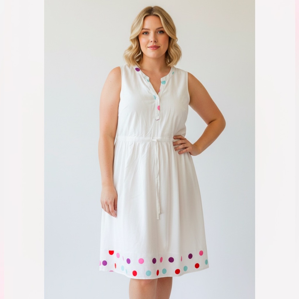 CHARMING MOD CLOTH WHITE W/ COLORFUL POLKA‎ DOTS SLEEVELESS V-NECK DRESS - NWT